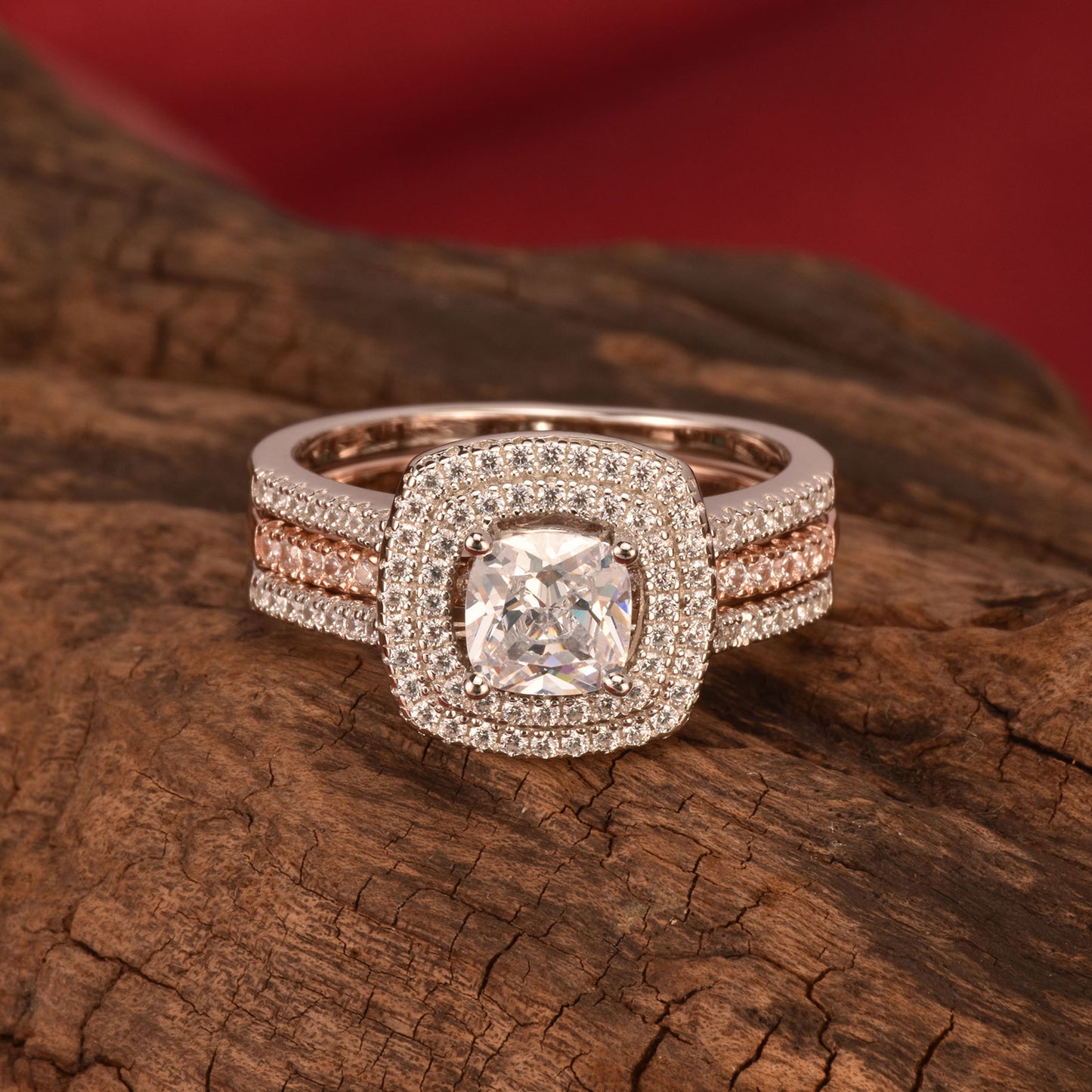 Newshe Halo Cushion Cut Bridal Set Solid 925 Sterling Silver Plug-in Rose Gold image 4
