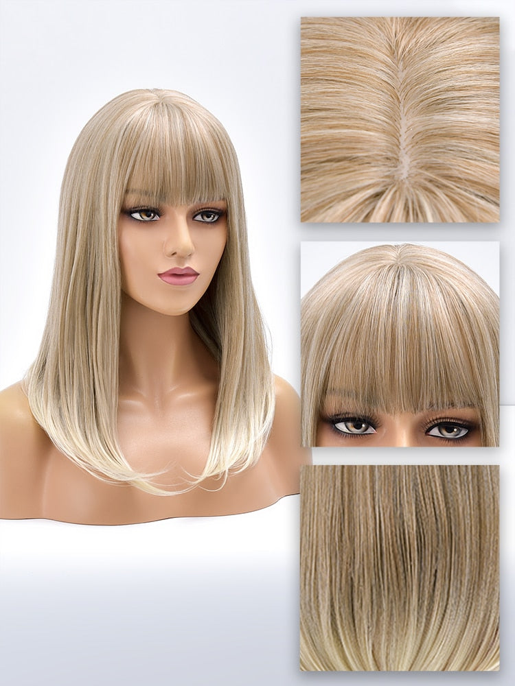 Blonde Ombre Long Straight Gold Synthetic Wig With Bangs For Black White Women image 13