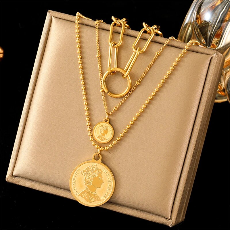 EILIECK 316L Stainless Steel Gold Color Flower Five-Leaf Clover Necklace For Wo image 3