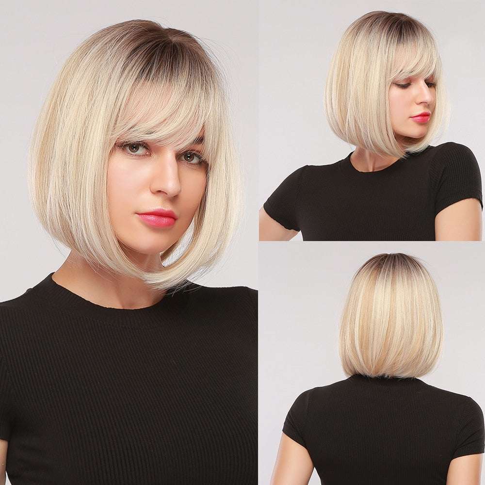 Short Straight Bob Wigs with Bangs Golden Brown Natural Synthetic Hair for Wome image 6
