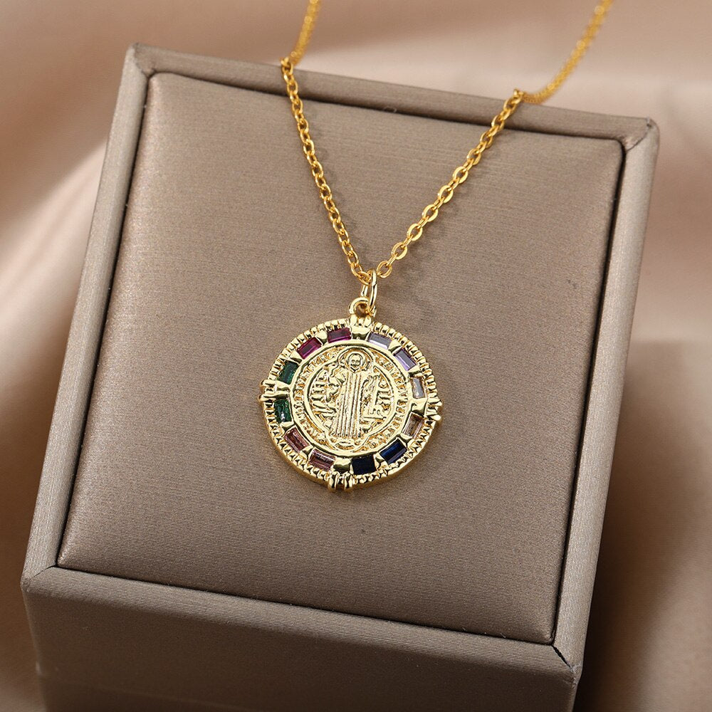 Zircon Round Blessed Virgin Mary Necklaces For Women Gold Color Stainless image 2