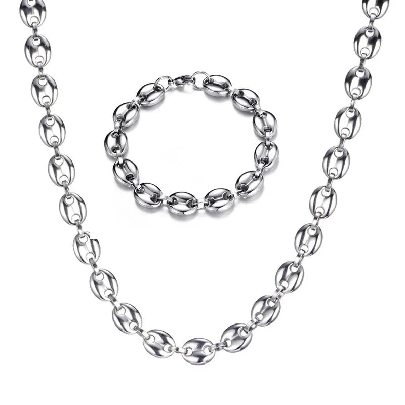 Width 11MM Stainless Steel Gold Plated Coffee Beans Link Chain Necklace Bracele image 4