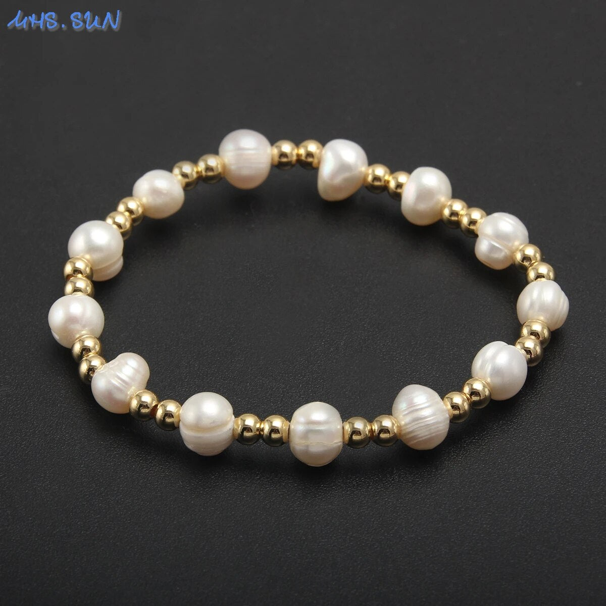 MHS.SUN Elegant Natural Pearl Gold Plated Stainless Steel Beaded Bracelet Handm image 4