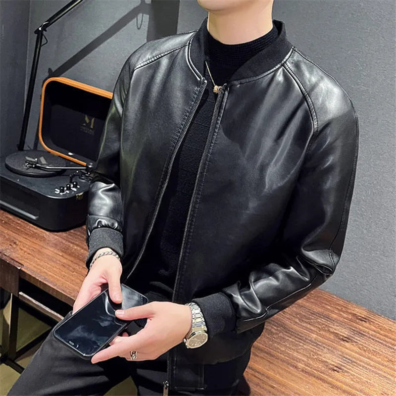 Men's PU Leather Jacket Fashion Baseball Collar Casual Jackets Solid Color Mot image 2