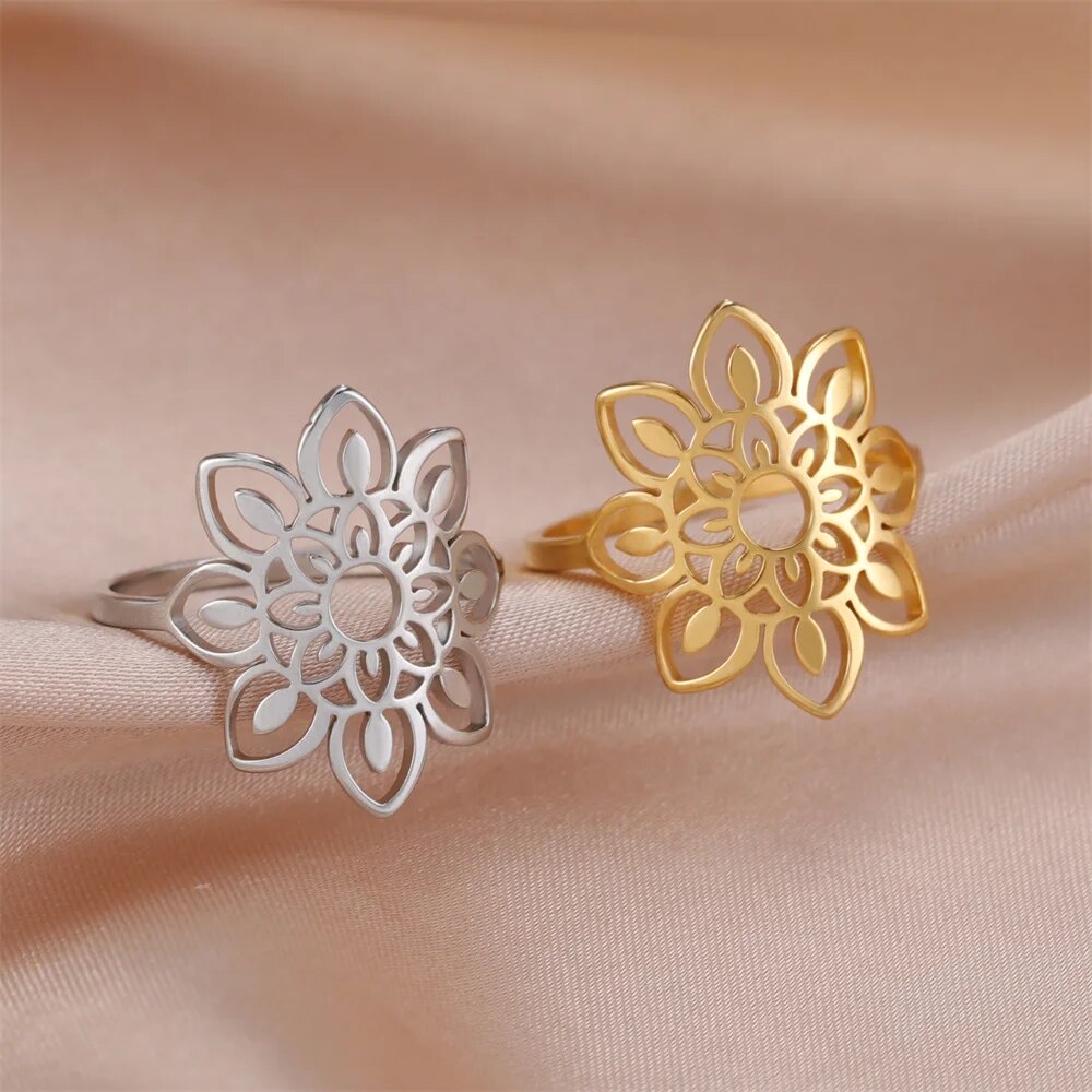 My Shape Lotus Mandala Flower Rings Women Stainless Steel Gold Color Finger Rin image 18