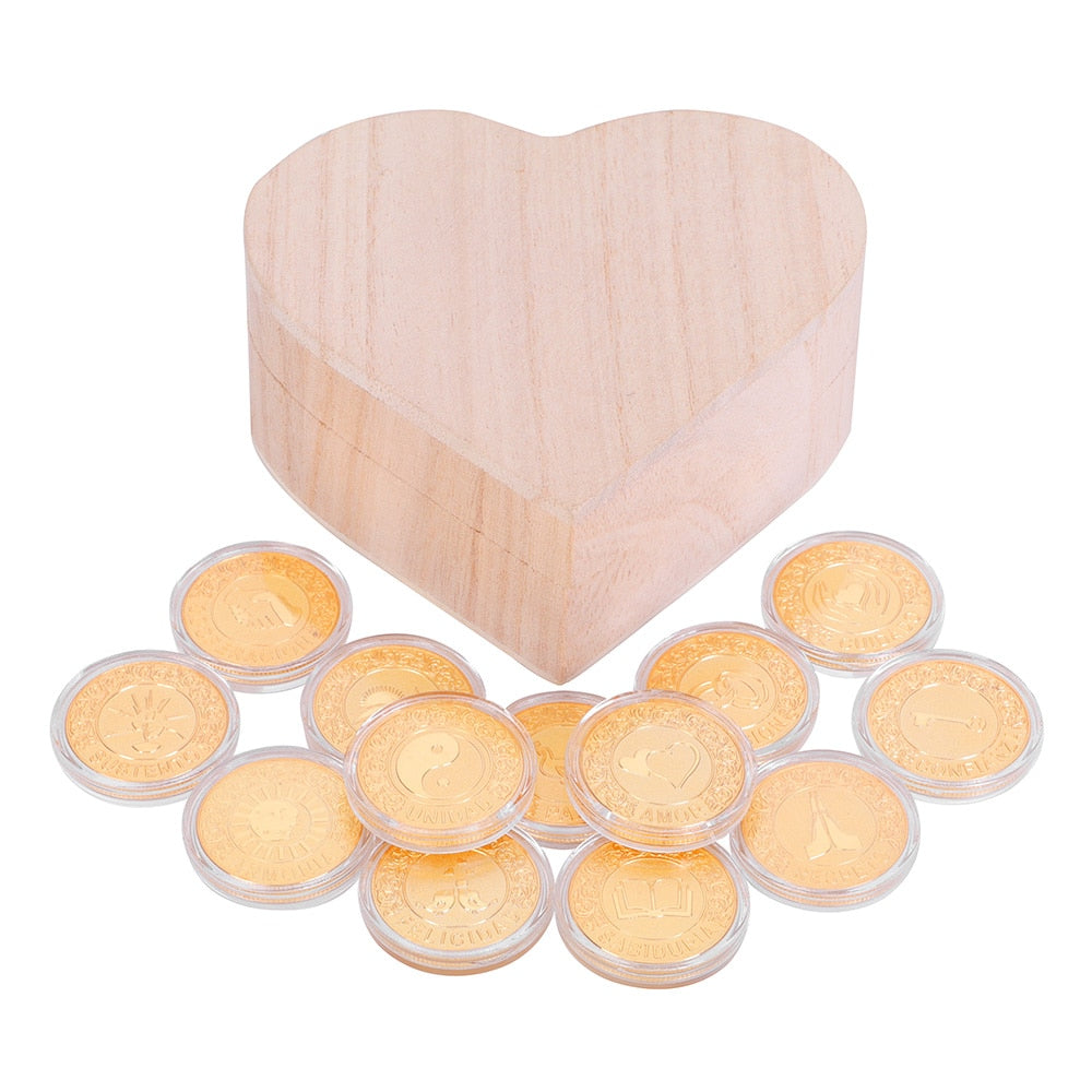 Spanish Golden Wedding Arras De Boda Unity Coins Set With Heart Wood Box Party image 3