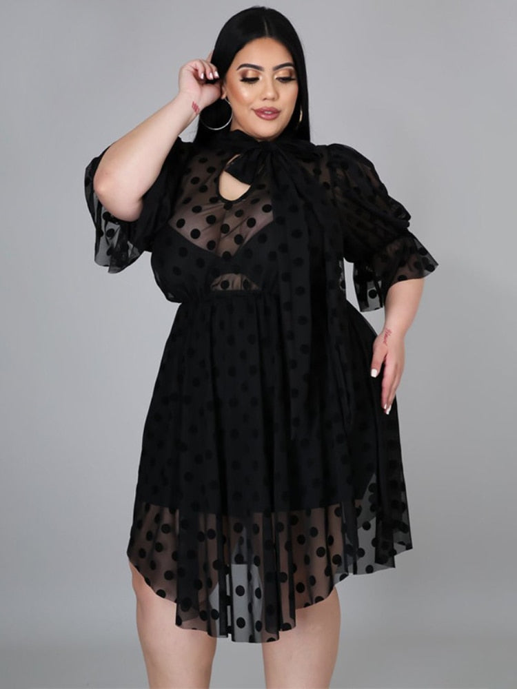 See Through Dresses Black Polka Dot Women Irregular Empire Transparent Half Slee image 0