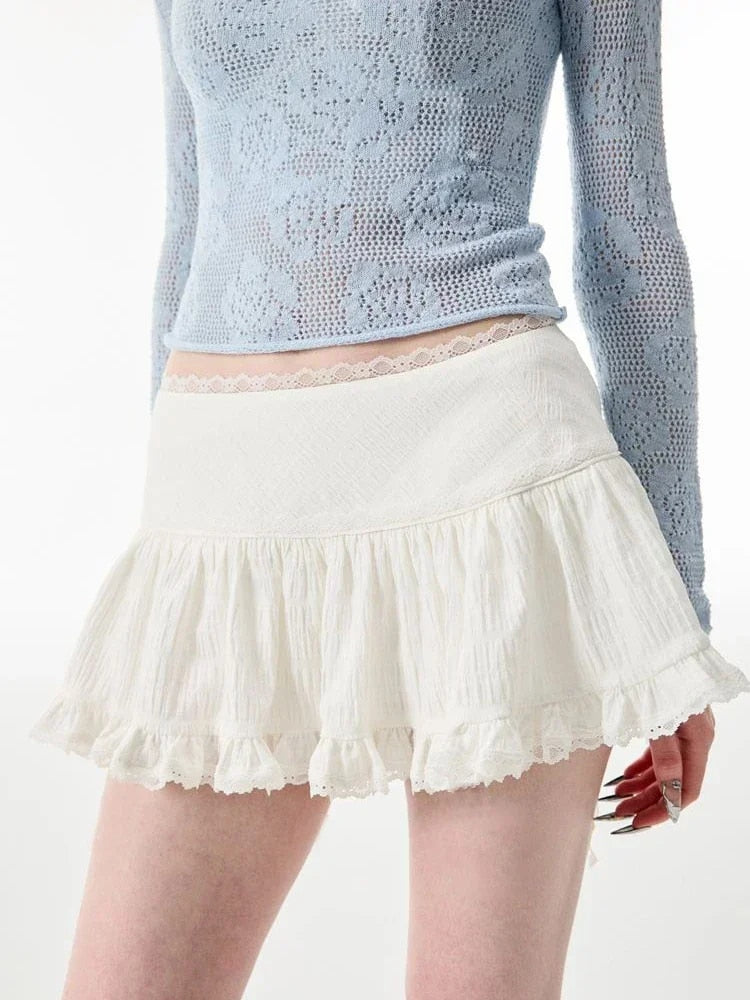 HOUZHOU Coquette Mini Skirt Women 2023 Kawaii Lace Mesh Patchwork Cute White Hi image 6