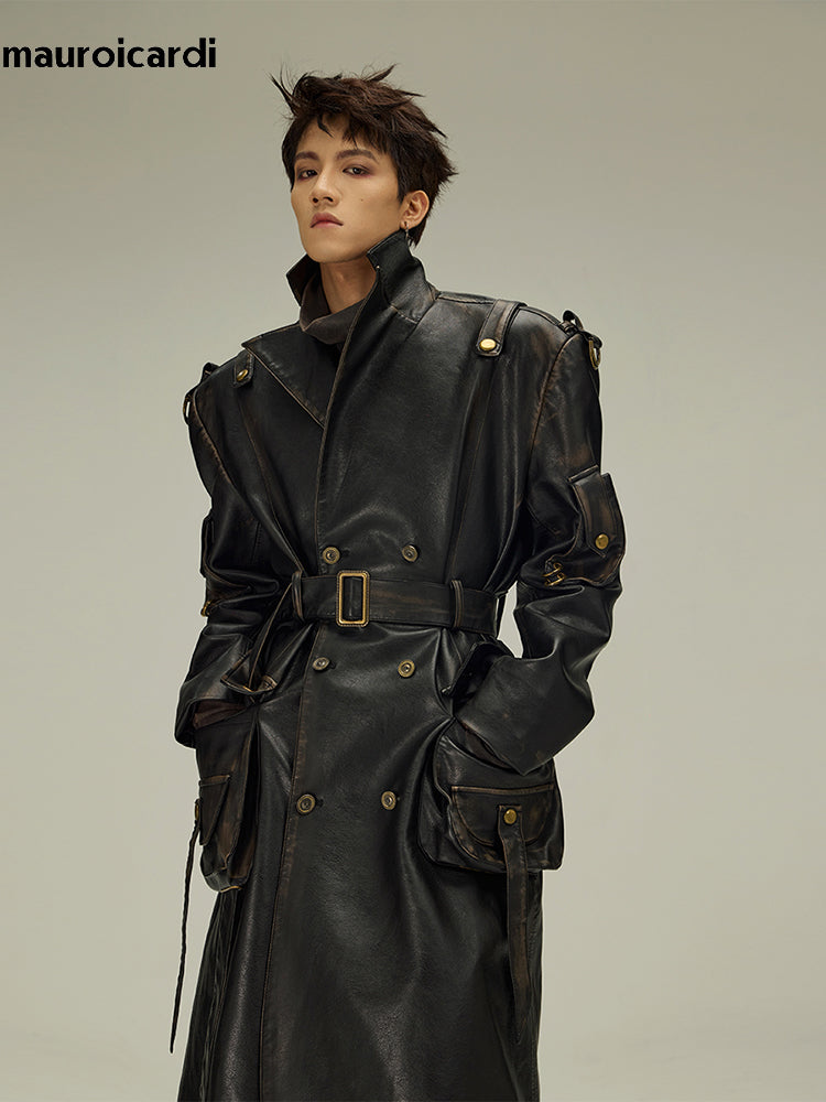 Mauroicardi Spring Autumn Long Distressed Black Pu Leather Trench Coat Men Bel image 1