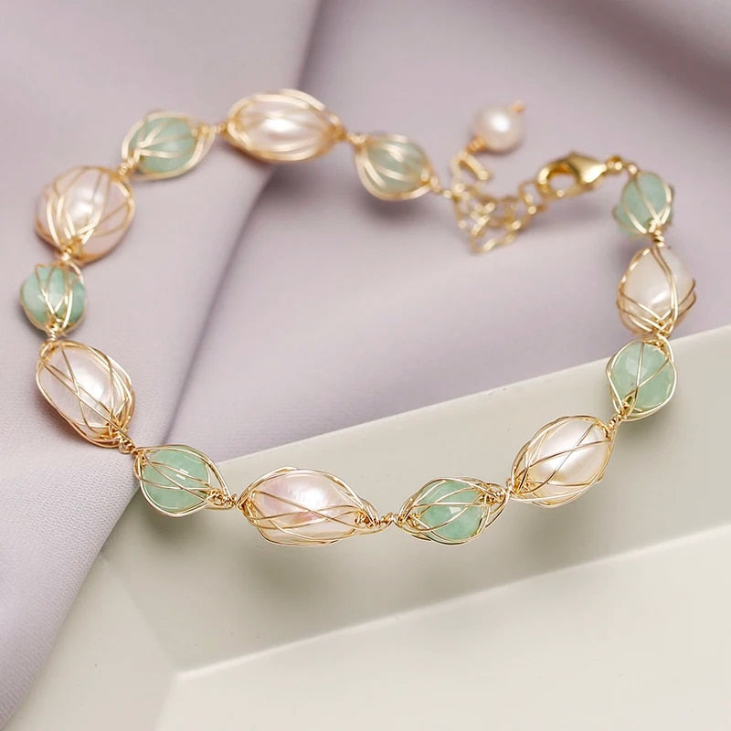 Original Handmade 14K Gold Filled Baroque Natural Freshwater Pearl Jade Lady Br image 1