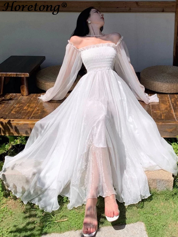 Horetong Elegant Maxi Dresses For Women White Off Shoulder Puff Long Sleeve Ela image 2