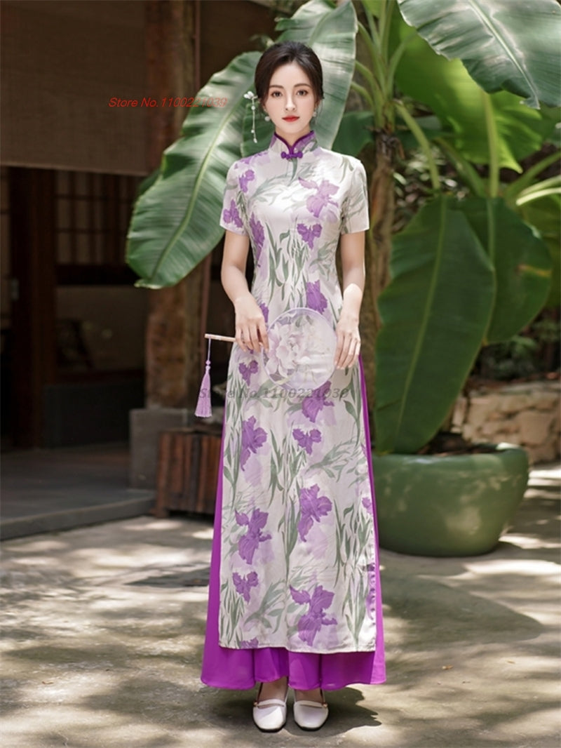 2024 vietnam traditionaldress aodai national flower print cheongsam oriental im image 2