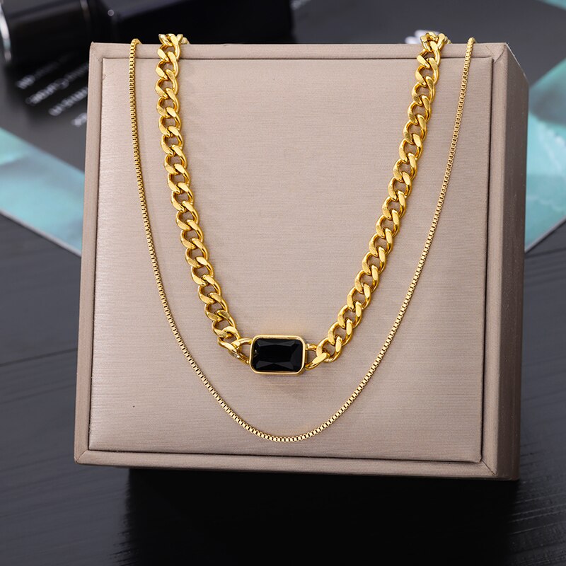 Green Square Pendant Necklace for Women Multi-layer Splicing Chain Gold Plated image 1