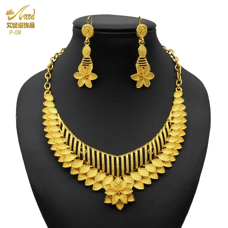 Indian Gold Plated Jewelry Set For Women African Bridal 24K Gold Color Necklace image 9