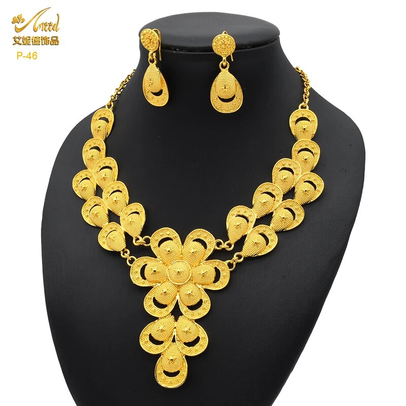 Indian Gold Plated Jewelry Set For Women African Bridal 24K Gold Color Necklace image 33