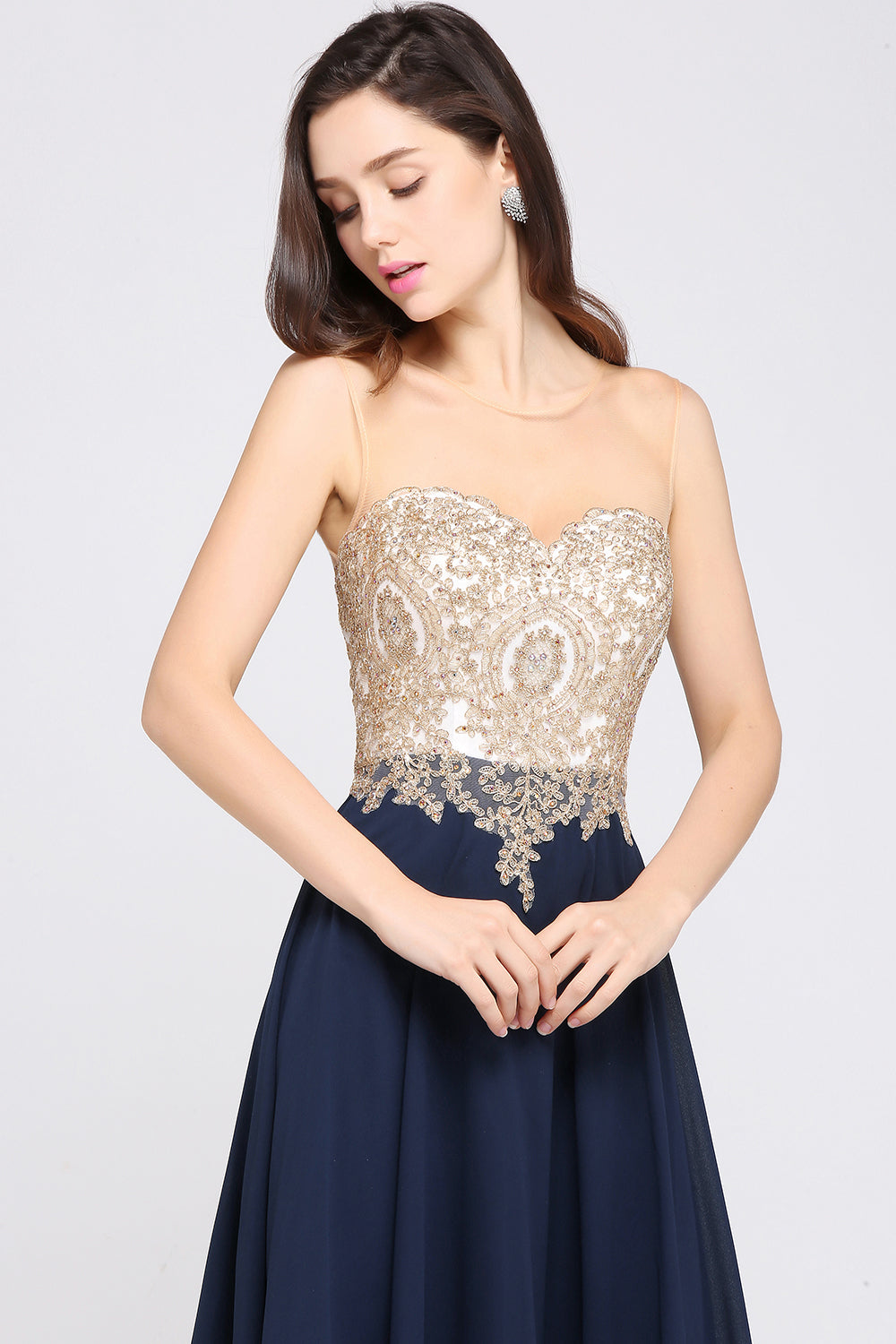 US Ship Navy Floral Lace Chiffon Beach Women Dress Luxury Beads Zipper Back Max image 4