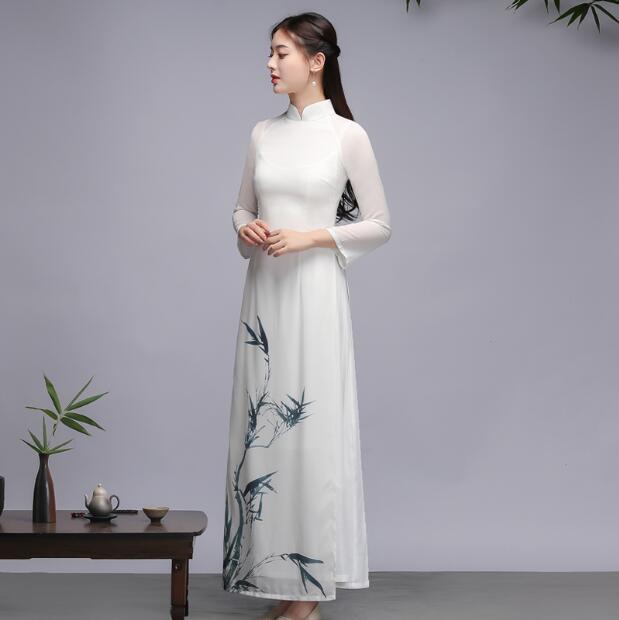 Traditional Vietnam Ao dai Women Spring Long Dress Cheongsam Vintage Bamboo Pri image 0