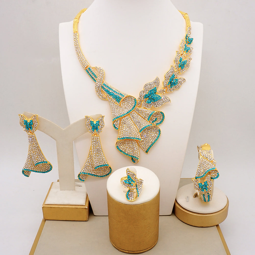 Latest Italian Dubai Gold Color Ladies Full Crystal Necklace Jewelry Set Simple image 4