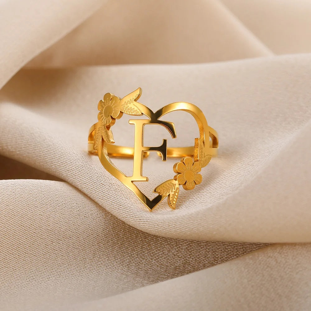 Stainless Steel Initials Flower Heart Rings Gold Color Adjustable Delicate Lett image 29