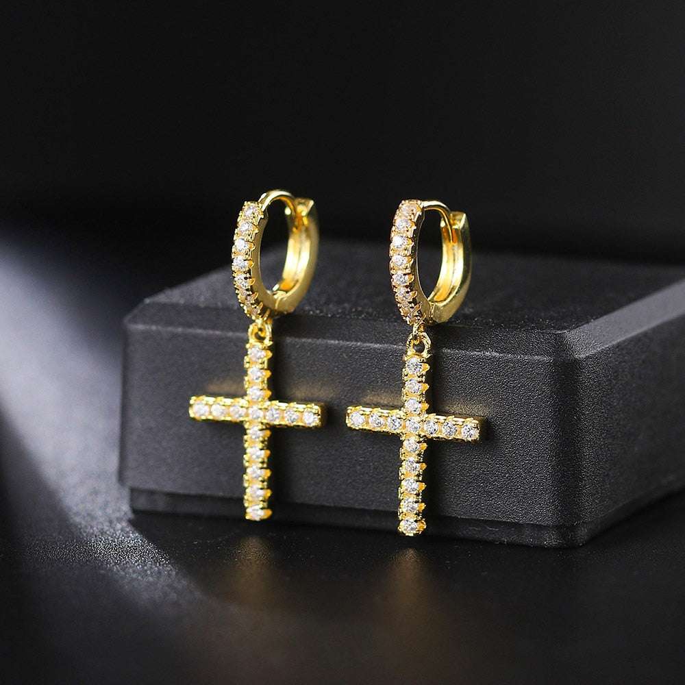 Punk Gold Color Cross Stud Earrings Hip Hop White Litter Rhimestone Jewelry Pie image 5