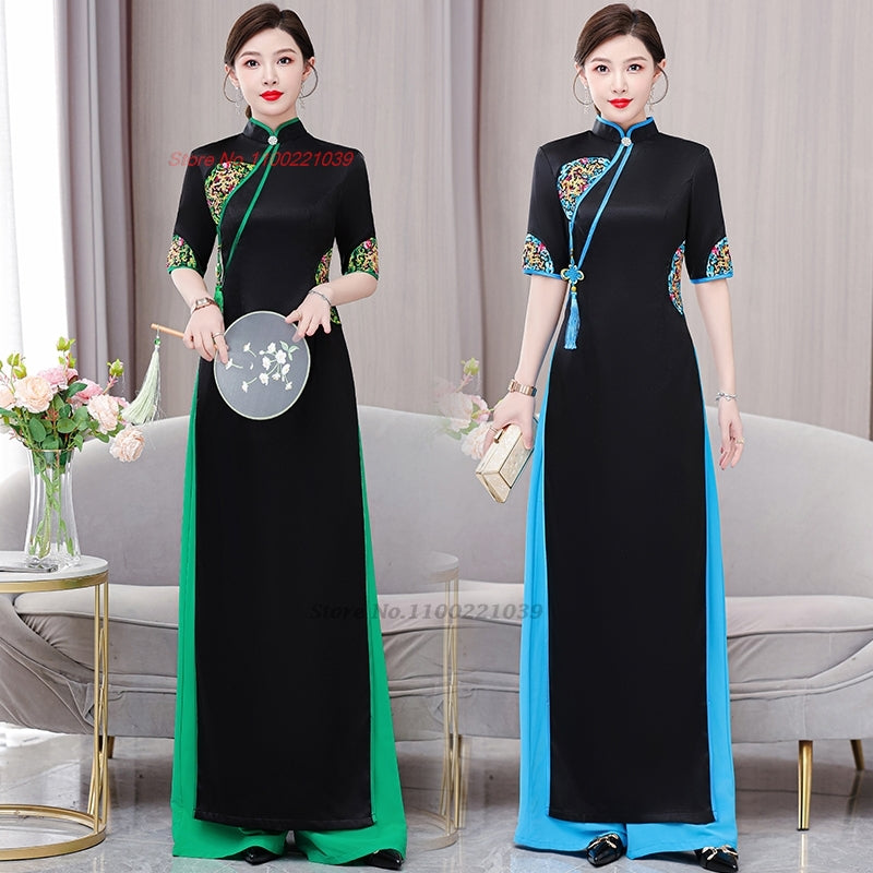 2024 vietnam traditional aodai dress+pants set national flower embroidery impro image 1