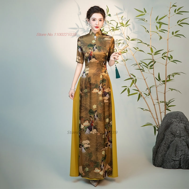 2024 vietnam traditional aodai dress chinese improved qipao national crane prin image 1