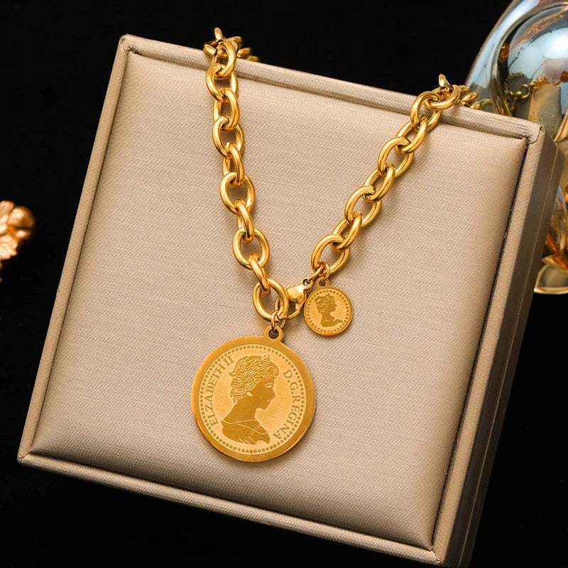 EILIECK 316L Stainless Steel Gold Color Flower Five-Leaf Clover Necklace For Wo image 7