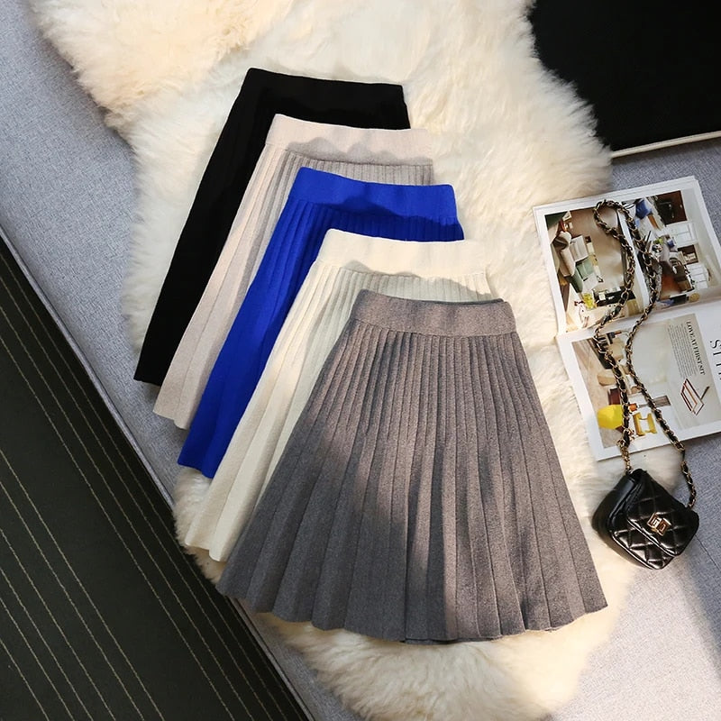 Autumn Winter Knitted Pleated Skirts Women's Elastic High Waist A-Line Umbrella image 0