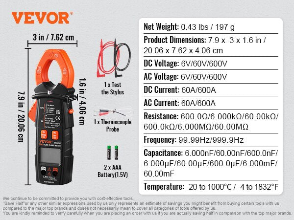 VEVOR Digital Clamp Meter T-RMS 600A/1000A Clamp Multimeter Tester AC/DC Curren image 4