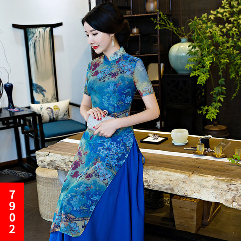 Plus Size Ao Dai Cheongsam dress China Improved Qipao Women Long Two-Piece Set image 1