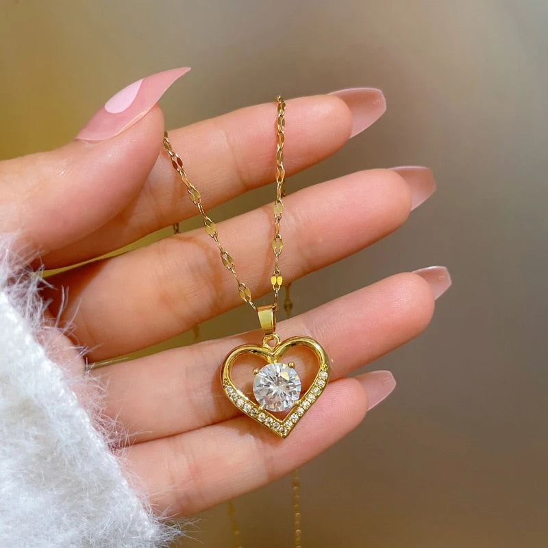 Artificial Gems Heart Pendant Necklace for women 2022 Golden Stainless Steel Li image 2