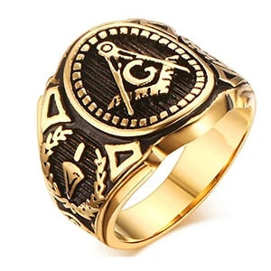 Punk New Men's Stainless Steel Masonic MASON Gold Color Tone Biker Ring Size 8- image 0