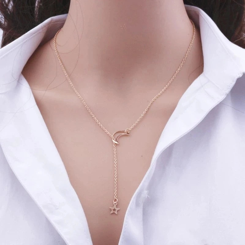 New Simple Moon Star Pendant Choker Necklace Simple Gold Color Alloy Charm Chai image 7