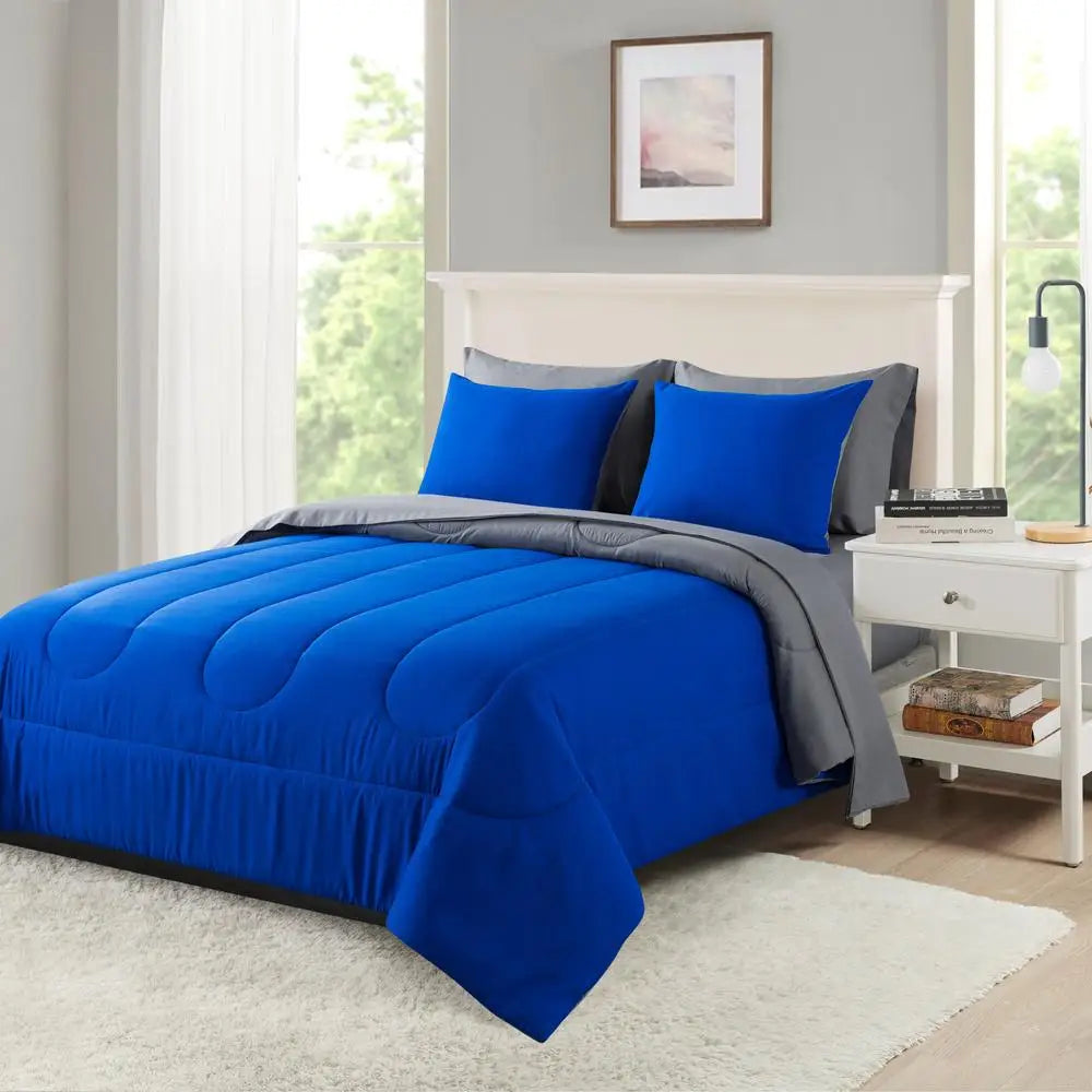 Solid Blue Reversible Comforter Set with Grey Sheets Mainstays Bed-in-a-Bag Kit image 2