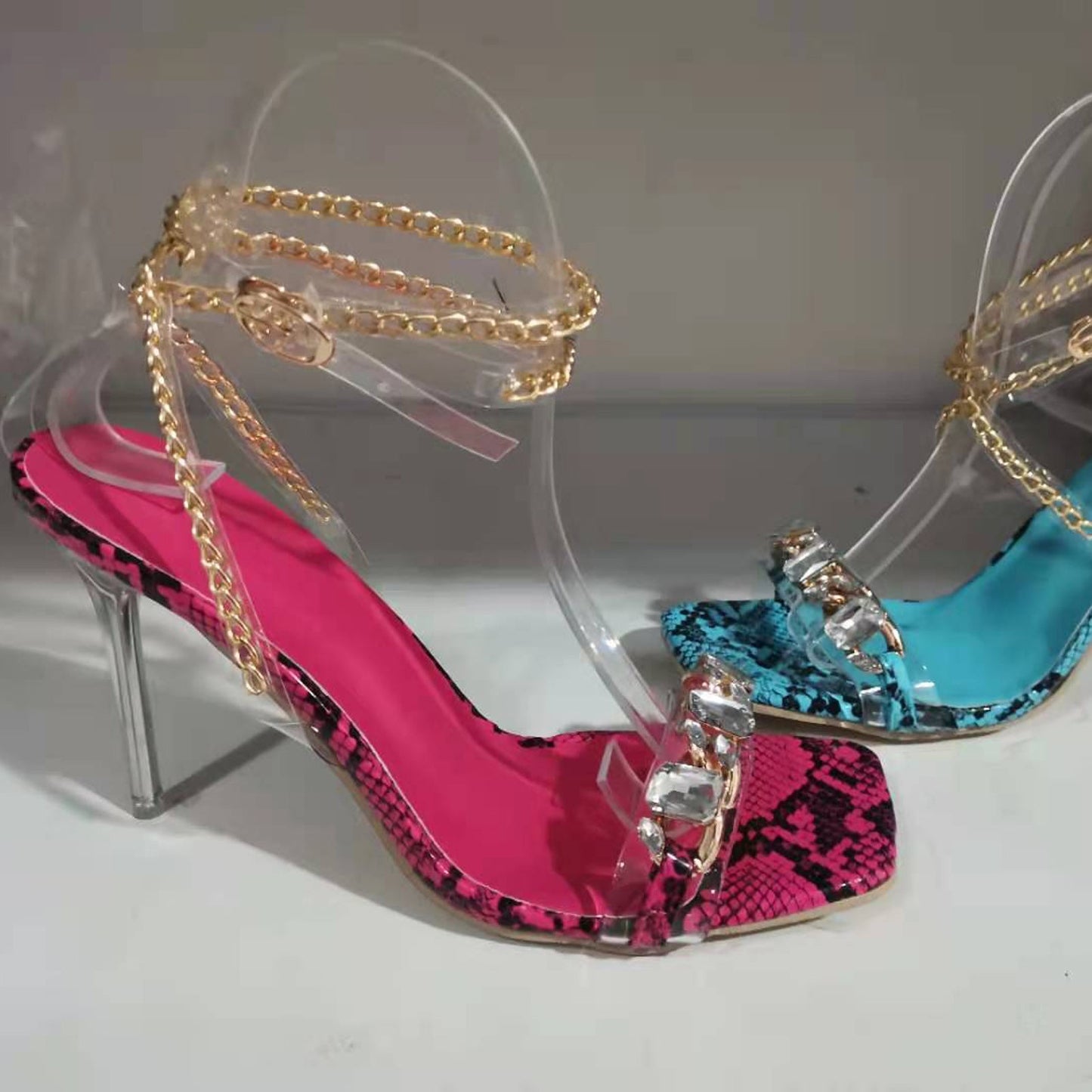 Gold Chain Ankle Strap Women Luxury Pumps Square Toe Buckle Strap Super image 9