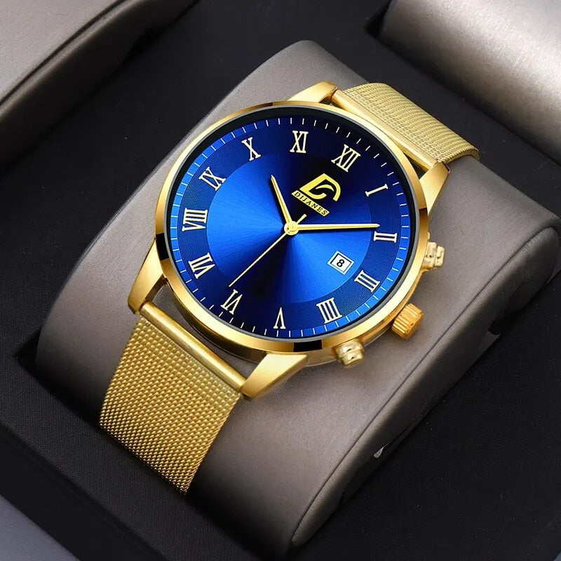 2PCS Set Fashion Mens Calendar Watches Luxury Men Business Gold Stainless Steel image 4
