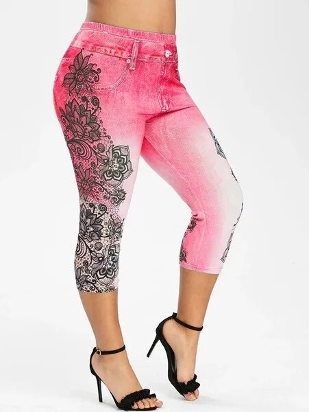 Women's Printed Denim Sportswear Leggings Oversized Hip Lifting Yoga Pants Plus image 7