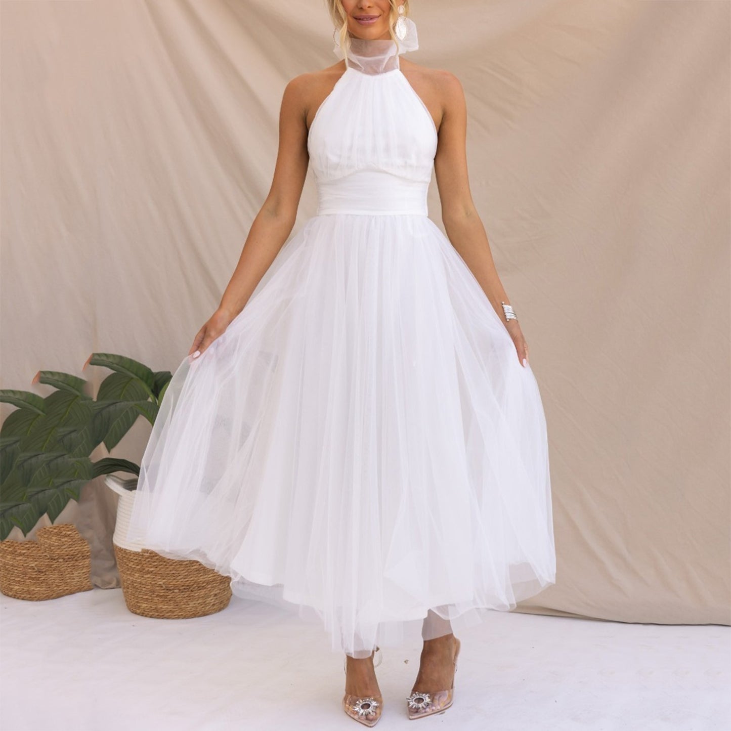 Sexy Halter Holiday Party Dress Women Off Shoulder Mesh Backless Pleated Dress image 2