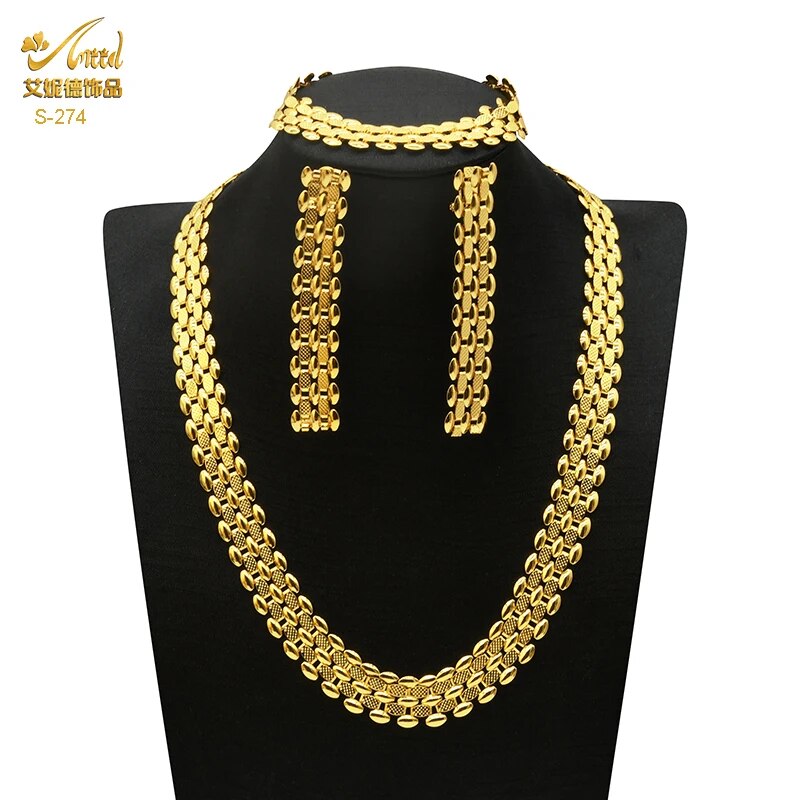 Indian Gold Plated Jewelry Set For Women African Bridal 24K Gold Color Necklace image 27
