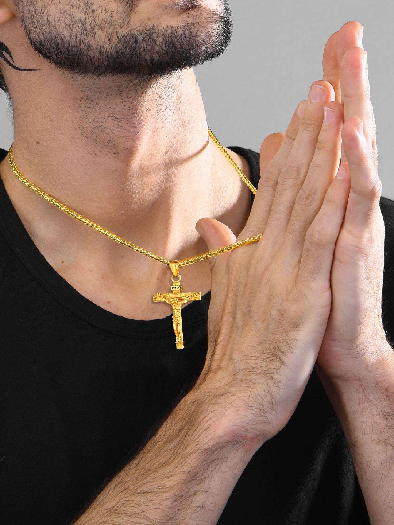 U7 Men INRI Cross Pendant Baptism Christian Jewelry Stainless Steel/Gold/Black/ image 17