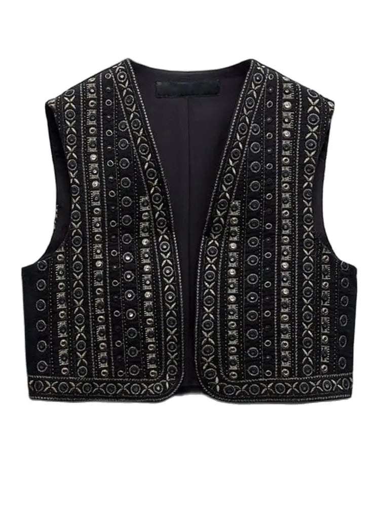 ZBZA Women's Beaded Embroidery Cardigan Vest Casual Peplum Sleeveless Waistcoat image 0