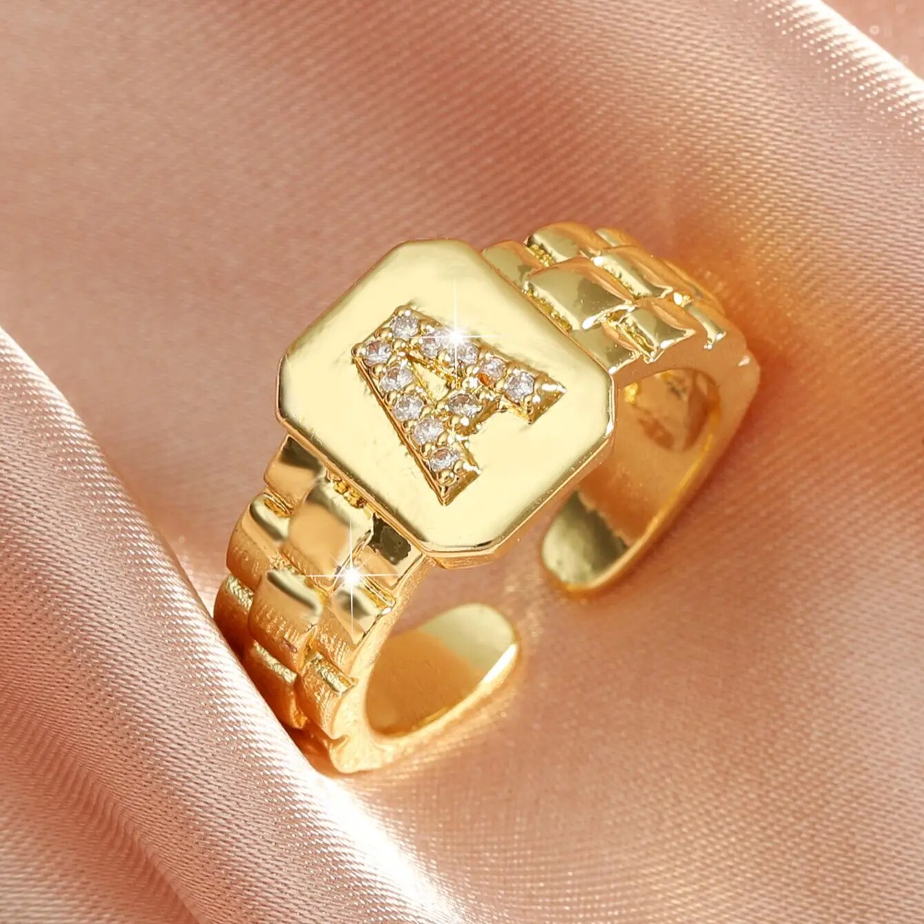 Trendy 18k Gold Plated AAA Zircon Hip Hop Adjustable A-Z Letter Ring Watch Ban image 1