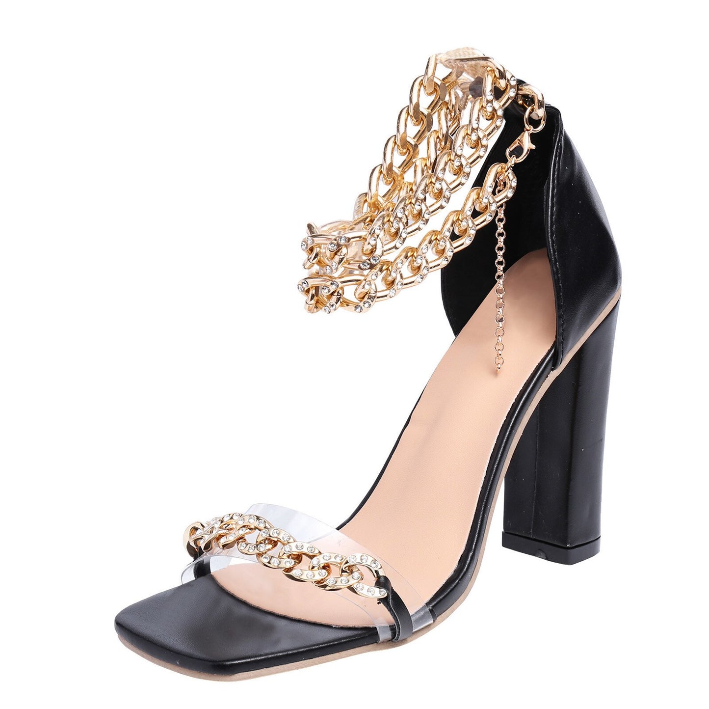 Gold-Tone Chain Embellished Ankle Strap High Heel Sandals for Women Fashion image 1