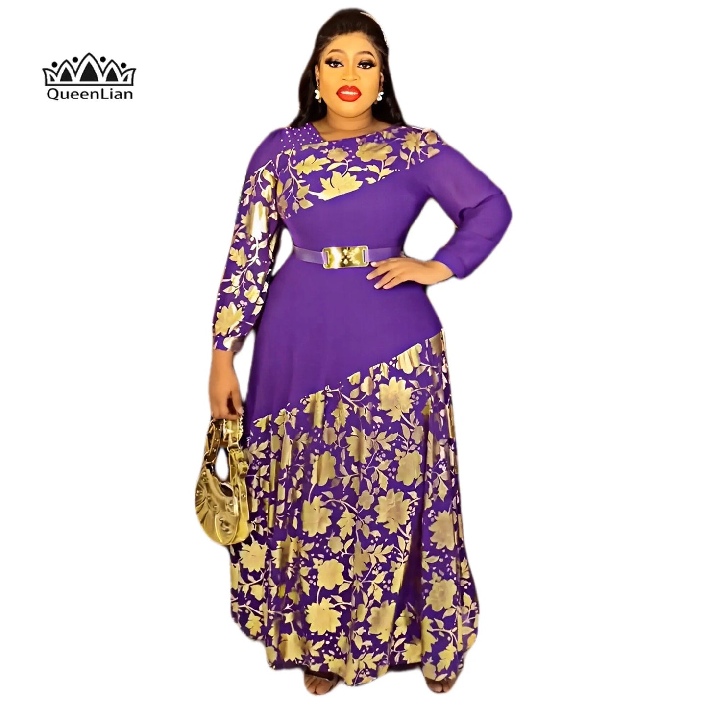 Gorgeous golden printed African dress with belt, perfect for dinner attire image 1