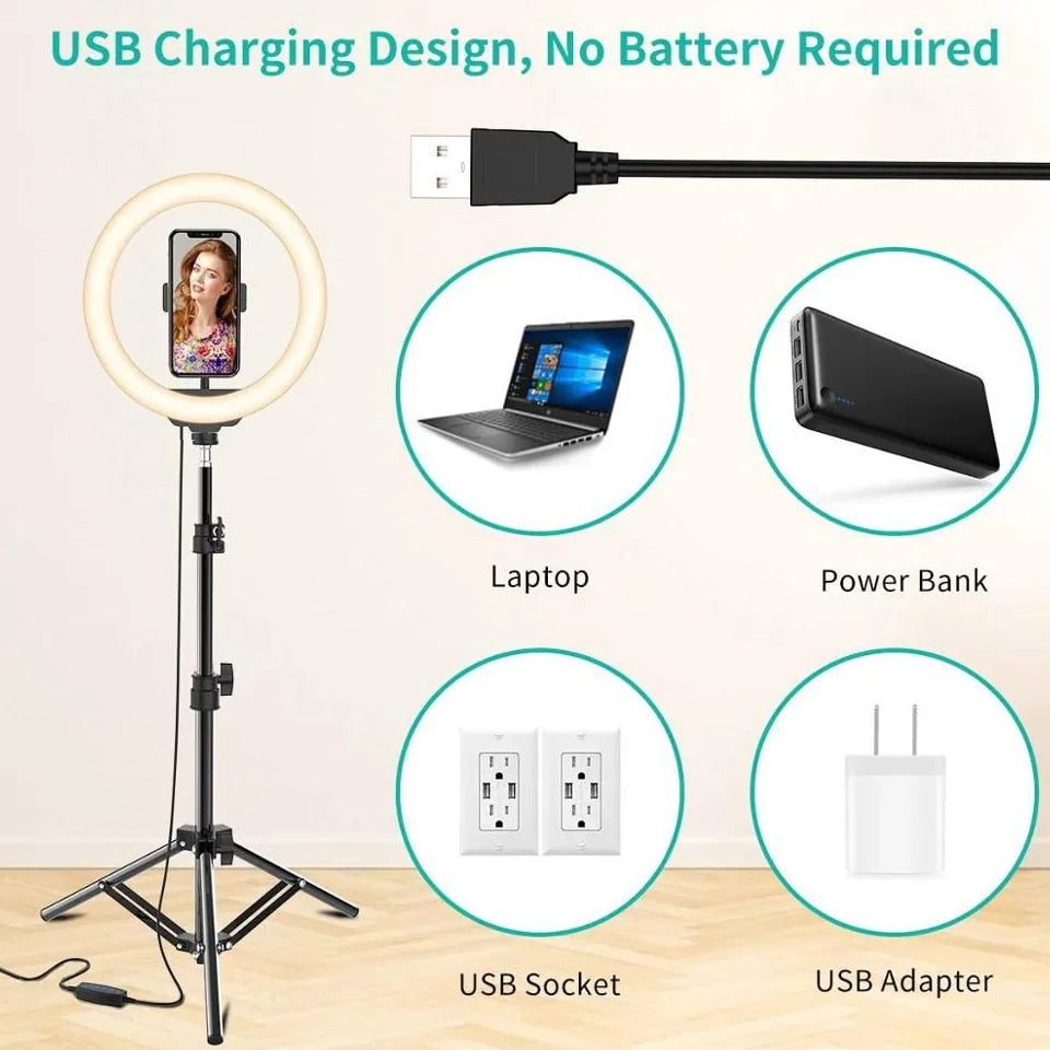 10" LED Selfie Ring Light Circle Fill Light Dimmable Round Lamp Tripod Trepied image 1
