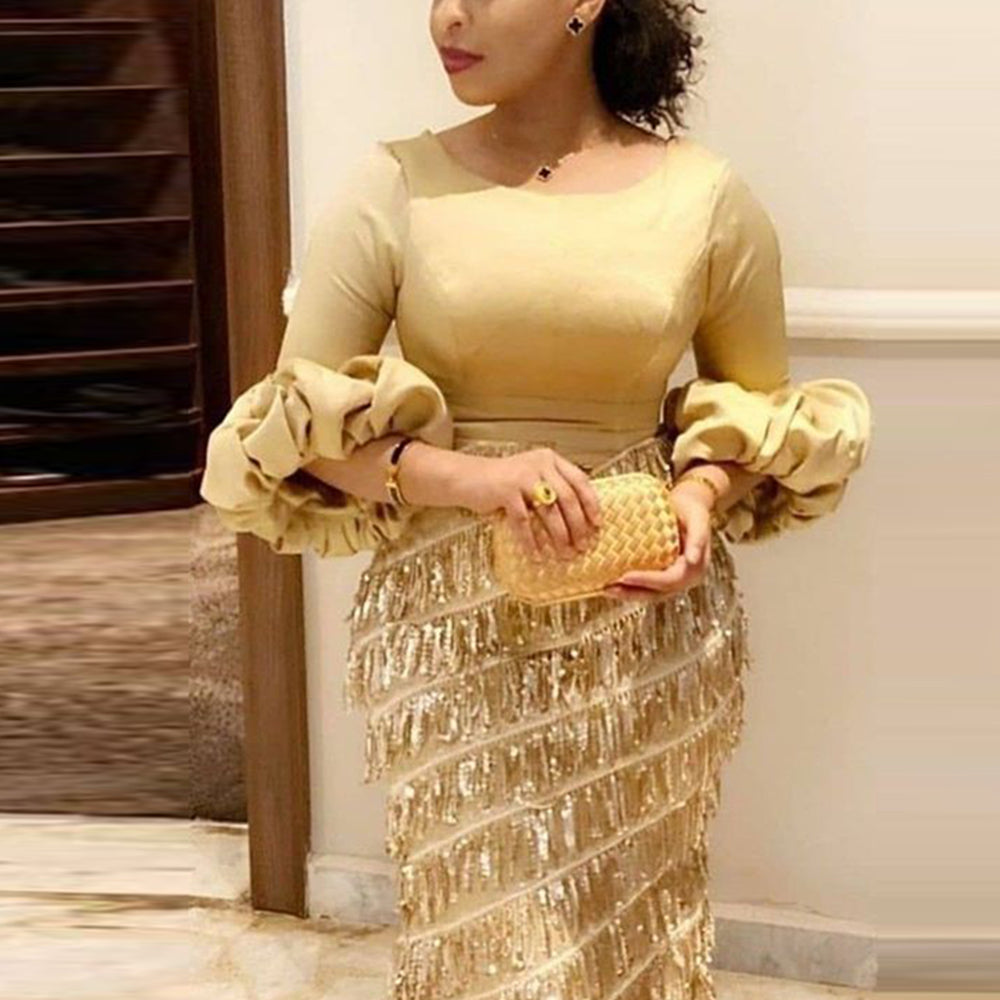 Women's Party Dresses Round Neck Lantern Long Sleeve Tassel Slim Gold Dress 202 image 3