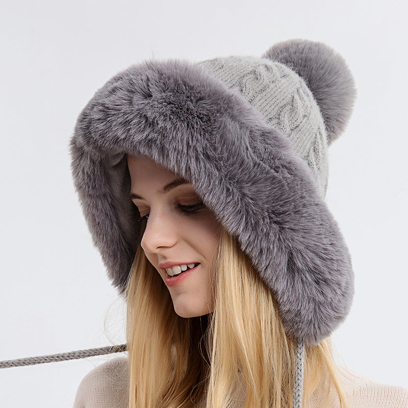 Women Beanie Hat Winter Balaclava Knitted Cap Hooded Face Mask Fluff Keep Warm image 1