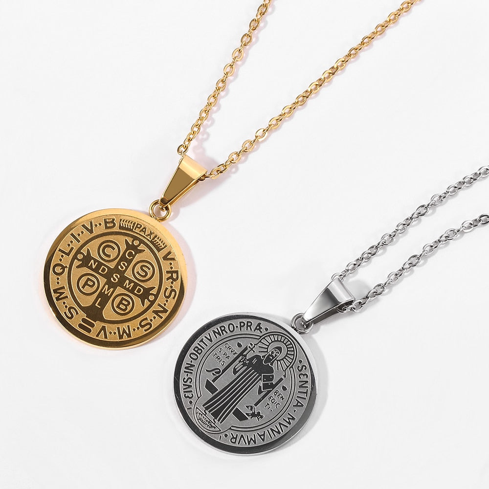 Catholic Saint Benedict Medallion Pendant Necklace for Women Men Gold Silver image 4
