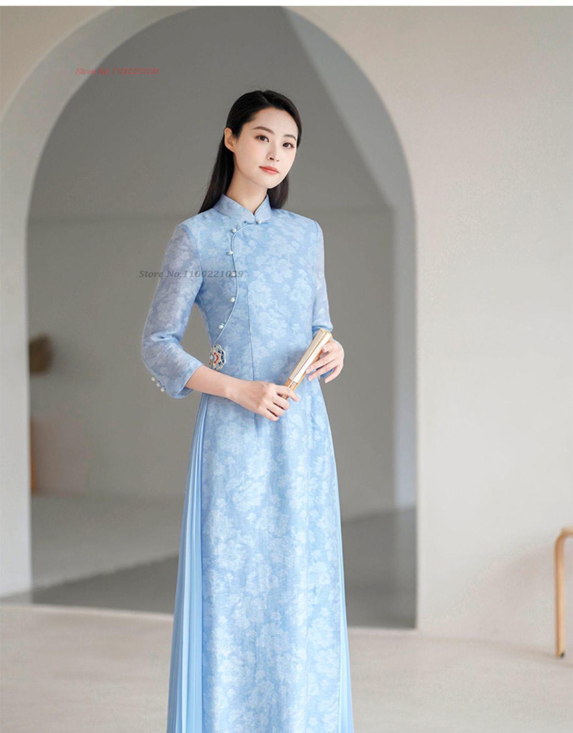 2024 ao dai vietnam traditional dress national flower print embroidery improved image 2