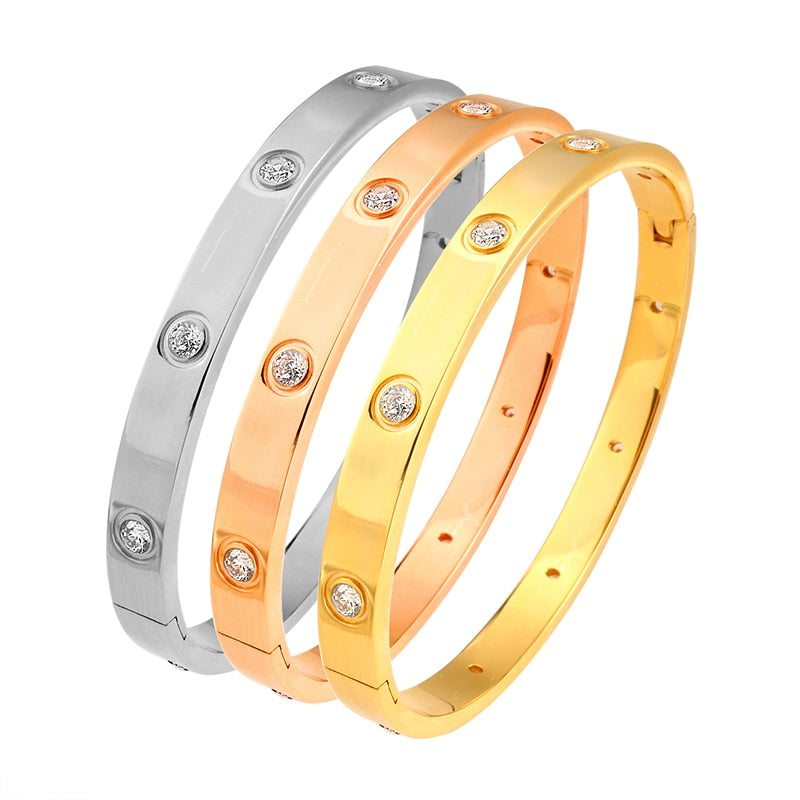 Stainless Steel Golden Color Beautiful Lovers Cubic Zirconia Bracelets Bangles image 11